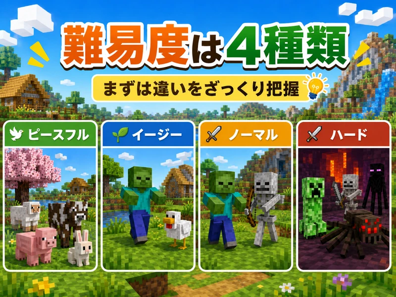 マイクラ難易度の違いを4種類で解説!子供に合う選び方ガイド