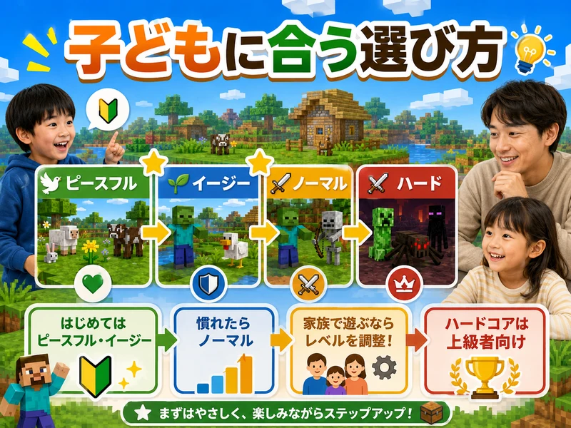 マイクラ難易度の違いを4種類で解説!子供に合う選び方ガイド